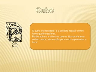 O cubo, ou hexaedro, é o poliedro regular com 6
faces quadrangulares.
Platão achava e afirmava que os átomos da terra
seriam cubos, eis a razão por o cubo representar a
terra.
 