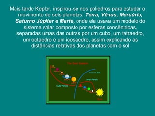 Mais tarde Kepler, inspirou-se nos poliedros para estudar o movimento de seis planetas:  Terra, Vênus, Mercúrio, Saturno Júpiter e Marte,  onde ele usava um modelo do sistema solar composto por esferas concêntricas, separadas umas das outras por um cubo, um tetraedro, um octaedro e um icosaedro, assim explicando as distâncias relativas dos planetas com o sol 