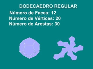      DODECAEDRO REGULAR Número de Faces: 12  Número de Vértices: 20  Número de Arestas: 30  