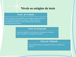 Níveis os estágios de teste
9
Testes de Unidade
Teste realizado em um módulo ou em alguns módulos definidos
que representam uma única unidade. A determinação da
quantidade de módulos a serem testados está contida na
documentação de projeto.
Testes de Integração
Teste para identificar erros durante a integração e interação
entre os módulos ou unidades do sistema.
Testes de Validação
Teste realizado após a integração de todos os módulos do
sistema.
 