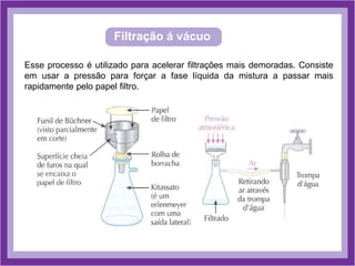 Filtração á vácuo
Esse processo é utilizado para acelerar filtrações mais demoradas. Consiste
em usar a pressão para forçar a fase líquida da mistura a passar mais
rapidamente pelo papel filtro.
 