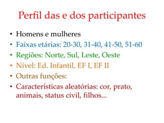 Perfil das e dos participantes
• Homens e mulheres
• Faixas etárias: 20-30, 31-40, 41-50, 51-60
• Regiões: Norte, Sul, Leste, Oeste
• Nível: Ed. Infantil, EF I, EF II
• Outras funções:
• Características aleatórias: cor, prato,
animais, status civil, filhos...
 