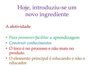 Hoje, introduziu-se um
novo ingrediente
A afetividade
• Para promover/facilitar a aprendizagem
• Construir conhecimentos
• O foco é no processo e não mais no
produto
• O elemento principal é educando e não o
educador
 