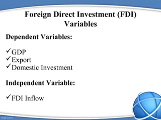 Foreign Direct Investment (FDI)
Variables
Dependent Variables:
GDP
Export
Domestic Investment
Independent Variable:
FDI Inflow
 