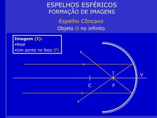 ESPELHOS ESFÉRICOS
FORMAÇÃO DE IMAGENS
Espelho Côncavo
Objeto O no infinito
C F
V
Imagem (I):
•Real
•Um ponto no foco (F)
I
 