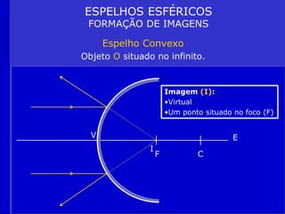 ESPELHOS ESFÉRICOS
FORMAÇÃO DE IMAGENS
Espelho Convexo
Objeto O situado no infinito.
C
F
V E
Imagem (I):
•Virtual
•Um ponto situado no foco (F)
I
 