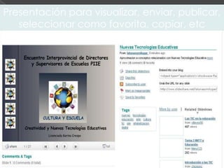 Presentación para visualizar, enviar, publicar,
   seleccionar como favorita, copiar, etc
 