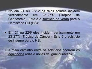 • No dia 21 ou 22/12 os raios solares incidem
verticalmente em 23 27’S (Trópico de
Capricórnio). Este é o solstício de verão para o
Hemisfério Sul (HS);
• Em 21 ou 22/6 eles incidem verticalmente em
23 27’N (Trópico de Câncer). Este é o solstício
de inverno para o HS;
• A meio caminho entre os solstícios ocorrem os
equinócios (dias e noites de igual duração).
 