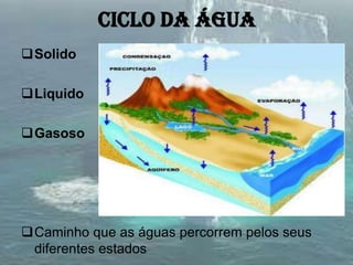 Ciclo da água
Solido
Liquido
Gasoso
Caminho que as águas percorrem pelos seus
diferentes estados
 