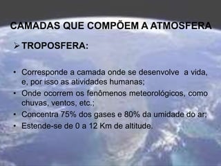 CAMADAS QUE COMPÕEM A ATMOSFERA
TROPOSFERA:
• Corresponde a camada onde se desenvolve a vida,
e, por isso as atividades humanas;
• Onde ocorrem os fenômenos meteorológicos, como
chuvas, ventos, etc.;
• Concentra 75% dos gases e 80% da umidade do ar;
• Estende-se de 0 a 12 Km de altitude.
 