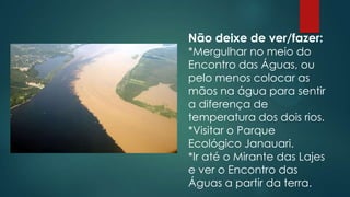 Não deixe de ver/fazer:

*Mergulhar no meio do
Encontro das Águas, ou
pelo menos colocar as
mãos na água para sentir
a diferença de
temperatura dos dois rios.
*Visitar o Parque
Ecológico Janauari.
*Ir até o Mirante das Lajes
e ver o Encontro das
Águas a partir da terra.

 