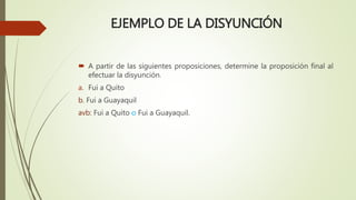 EJEMPLO DE LA DISYUNCIÓN
 A partir de las siguientes proposiciones, determine la proposición final al
efectuar la disyunción.
a. Fui a Quito
b. Fui a Guayaquil
avb: Fui a Quito o Fui a Guayaquil.
 