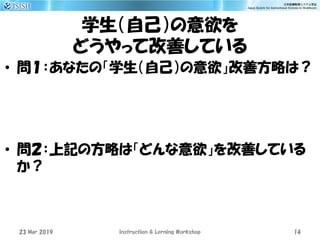 学生（自己）の意欲を
どうやって改善している
23 Mar 2019 Instruction & Lerning Workshop 14
• 問１：あなたの「学生（自己）の意欲」改善方略は？
• 問２：上記の方略は「どんな意欲」を改善している
か？
 