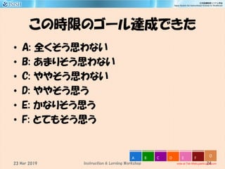 この時限のゴール達成できた
• A: 全くそう思わない
• B: あまりそう思わない
• C: ややそう思わない
• D: ややそう思う
• E: かなりそう思う
• F: とてもそう思う
24
0
vote at Tak-Mats.participoll.com
A B C D E F
Instruction & Lerning Workshop23 Mar 2019
 