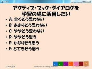 アクティブ・ブック・ダイアログを
学習の場に活用したい
• A: 全くそう思わない
• B: あまりそう思わない
• C: ややそう思わない
• D: ややそう思う
• E: かなりそう思う
• F: とてもそう思う
40
0
vote at Tak-Mats.participoll.com
A B C D E F
Instruction & Lerning Workshop23 Mar 2019
 
