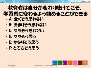 教育者は自分が変わり続けてこそ、
学習者に変わるよう勧めることができる
• A: 全くそう思わない
• B: あまりそう思わない
• C: ややそう思わない
• D: ややそう思う
• E: かなりそう思う
• F: とてもそう思う
47
0
vote at Tak-Mats.participoll.com
A B C D E F
Instruction & Lerning Workshop23 Mar 2019
 