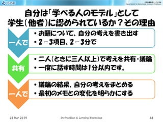 自分は「学べる人のモデル」として
学生（他者）に認められているか？その理由
一人で
•お題について、自分の考えを書き出す
•2－3項目、2－3分で
共有
•二人（ときに三人以上）で考えを共有・議論
•一度に話す時間は1分以内です。
一人で
•議論の結果、自分の考えをまとめる
•最初のメモとの変化を明らかにする
23 Mar 2019 Instruction & Lerning Workshop 48
 