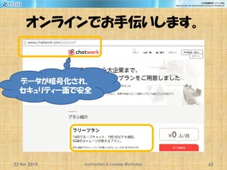 オンラインでお手伝いします。
23 Mar 2019 Instruction & Lerning Workshop 62
データが暗号化され、
セキュリティー面で安全
 