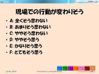 現場での行動が変わりそう
• A: 全くそう思わない
• B: あまりそう思わない
• C: ややそう思わない
• D: ややそう思う
• E: かなりそう思う
• F: とてもそう思う
68
0
vote at Tak-Mats.participoll.com
A B C D E F
Instruction & Lerning Workshop23 Mar 2019
 