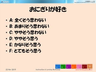 おにぎりが好き
• A: 全くそう思わない
• B: あまりそう思わない
• C: ややそう思わない
• D: ややそう思う
• E: かなりそう思う
• F: とてもそう思う
7
0
vote at Tak-Mats.participoll.com
A B C D E F
Instruction & Lerning Workshop23 Mar 2019
 