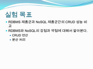 실험 목표RDBMS 제품군과NoSQL제품군간의CRUD 성능 비교RDBMS와 NoSQL의 강점과 약점에 대해서 알아본다.CRUD 연산분산 처리