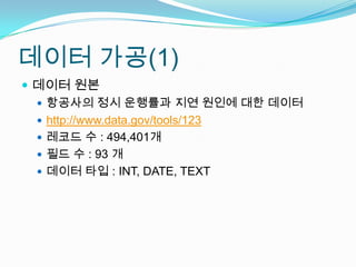 데이터 가공(1)데이터 원본항공사의 정시 운행률과 지연 원인에 대한 데이터http://www.data.gov/tools/123레코드 수 : 494,401개필드 수 : 93 개데이터 타입 : INT, DATE, TEXT
