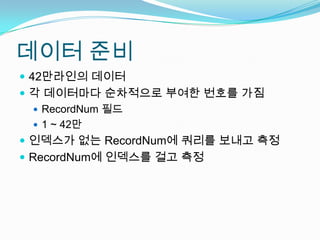 데이터 준비42만라인의 데이터각 데이터마다 순차적으로 부여한 번호를 가짐RecordNum필드1 ~ 42만인덱스가 없는 RecordNum에 쿼리를 보내고 측정RecordNum에 인덱스를 걸고 측정