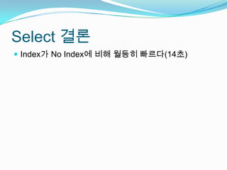 Select 결론Index가 No Index에 비해 월등히 빠르다(14초)