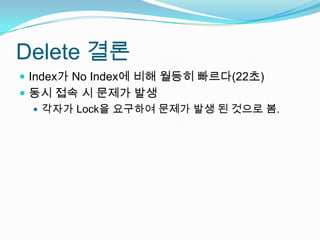 Delete 결론Index가 No Index에 비해 월등히 빠르다(22초)동시 접속 시 문제가 발생각자가 Lock을 요구하여 문제가 발생 된 것으로 봄.