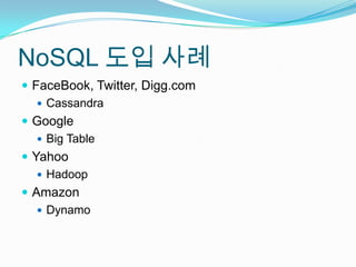 NoSQL도입 사례FaceBook, Twitter, Digg.comCassandraGoogleBig TableYahooHadoopAmazonDynamo