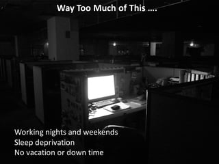 Way	
  Too	
  Much	
  of	
  This	
  ….
Working	
  nights	
  and	
  weekends
Sleep	
  deprivation
No	
  vacation	
  or	
  d...