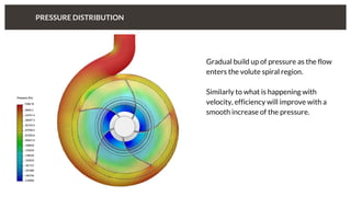 PRESSURE DISTRIBUTION
Gradual build up of pressure as the flow
enters the volute spiral region.
Similarly to what is happening with
velocity, efficiency will improve with a
smooth increase of the pressure.
 