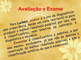 Avaliação x Exame
                                                        sticar
                                                 iagno ara
                                          o de d tá-la p
                                  é o at eorien
                        avaliar ista r                  s o, não
                c kesi,         m   v            por is io, é
      Pa ra Lu a, tendo e o possível;                ntrár
                                                   o
     expe   riênci r resultad iva, ao c
uma       r  om  elho      e m   selet                      e po r
   oduzi icatória, n .                               tivo,
pr          f                a                e sele destina a
    classi a e inclusiv sificatório ão se
 é          tic            las              e n               sim a
 di agnós minar é c
                               nte,  já qu possível, e
              a              e
          Ex         xclud            ultado aminado.
         mes   mo, e elhor res             é ex
   isso                 m               e
                 o do             do qu
    cons truçã o estática
            f icaçã
    classi
 