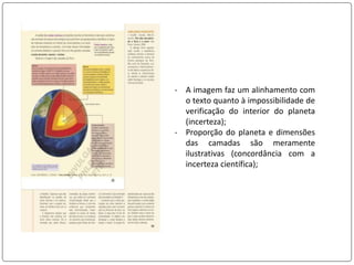 - A imagem faz um alinhamento com
o texto quanto à impossibilidade de
verificação do interior do planeta
(incerteza);
- Proporção do planeta e dimensões
das camadas são meramente
ilustrativas (concordância com a
incerteza científica);
 