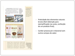 - Praticidade dos elementos naturais
brutos (fácil obtenção para
exemplificação nas aulas, confecção
de um produto final);
- Caráter processual e relacional com
outros campos do saber.
 