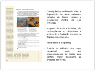 - Consequências ambientais (dano e
degradação do meio ambiente)
tratadas de forma isolada e
insuficiente dentro do eixo
temático;
- Imagens: Pontuais e isoladas, não
contemplando o dinamismo e
aceleração próprios do processo de
degradação ambiental;
- Texto: breve e incipiente;
- Poderia ter utilizado uma mapa
conceitual com um
sequenciamento de ideias para
conferir maior dinamismo ao
processo abordado.
 