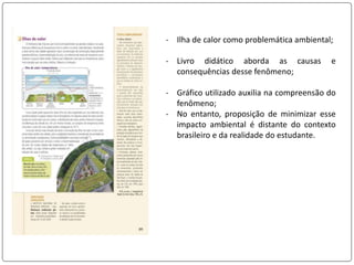 - Ilha de calor como problemática ambiental;
- Livro didático aborda as causas e
consequências desse fenômeno;
- Gráfico utilizado auxilia na compreensão do
fenômeno;
- No entanto, proposição de minimizar esse
impacto ambiental é distante do contexto
brasileiro e da realidade do estudante.
 