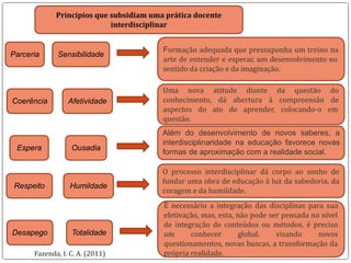 F
Parceria Sensibilidade
Coerência
Espera
Respeito
Afetividade
Ousadia
Humildade
Desapego Totalidade
Além do desenvolvimento de novos saberes, a
interdisciplinaridade na educação favorece novas
formas de aproximação com a realidade social.
 
