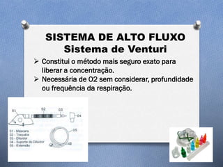 SISTEMA DE ALTO FLUXO
Sistema de Venturi
 Constitui o método mais seguro exato para
liberar a concentração.
 Necessária de O2 sem considerar, profundidade
ou frequência da respiração.
 