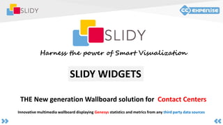 THE New generation Wallboard solution for Contact Centers
Harness the power of Smart Visualization
Innovative multimedia wallboard displaying Genesys statistics and metrics from any third party data sources
SLIDY WIDGETS
 
