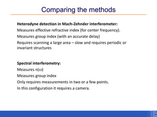 Comparing the methods 
Heterodyne detection in Mach-Zehnderinterferometer: 
Measures effective refractive index (for centerfrequency). 
Measures group index (with an accurate delay) 
Requires scanning a large area –slow and requires periodic or invariant structures 
t=0 
Spectral interferometry: 
Measures n(w) 
Measures group index 
Only requiresmeasurements in two or a few points. 
In this configuration it requires a camera. 