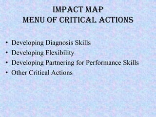 IMPACT MAP
       MENU OF CRITICAL ACTIONS

•   Developing Diagnosis Skills
•   Developing Flexibility
•   Developing Part...