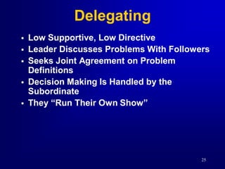 Delegating
   Low Supportive, Low Directive
   Leader Discusses Problems With Followers
   Seeks Joint Agreement on Pro...