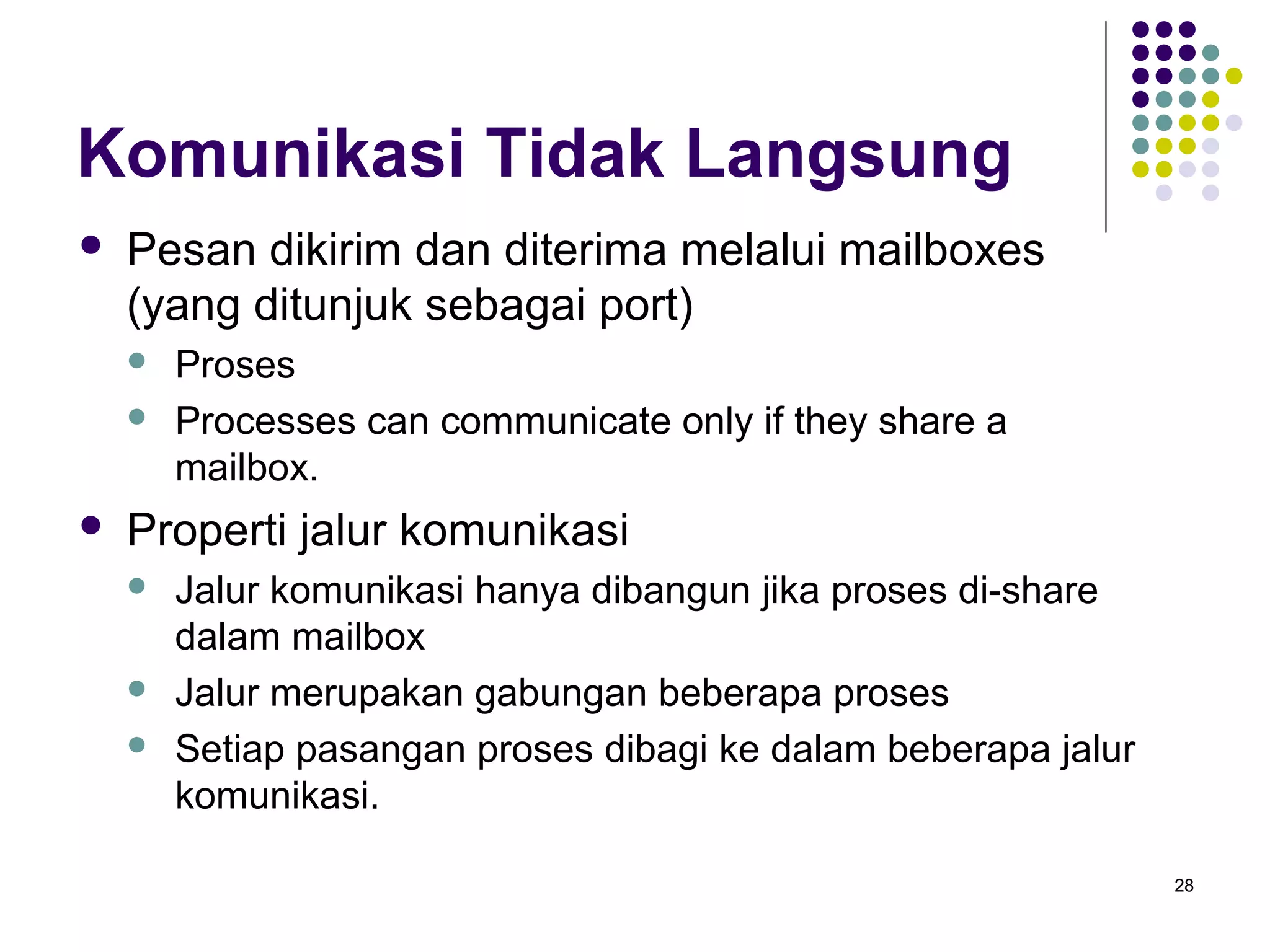 28 
Komunikasi Tidak Langsung 
 Pesan dikirim dan diterima melalui mailboxes 
(yang ditunjuk sebagai port) 
 Proses 
 Processes can communicate only if they share a 
mailbox. 
 Properti jalur komunikasi 
 Jalur komunikasi hanya dibangun jika proses di-share 
dalam mailbox 
 Jalur merupakan gabungan beberapa proses 
 Setiap pasangan proses dibagi ke dalam beberapa jalur 
komunikasi. 
 