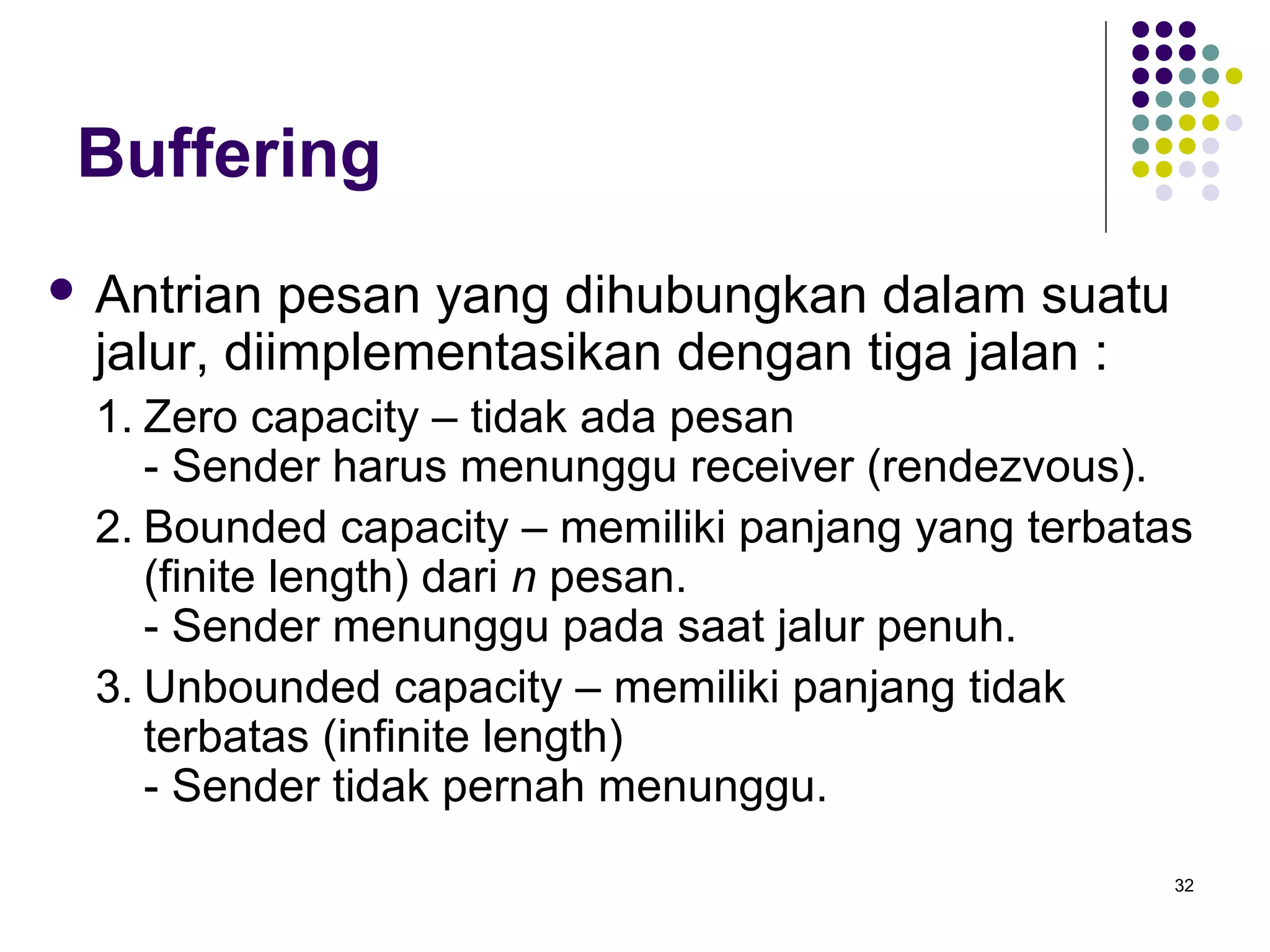 32 
Buffering 
 Antrian pesan yang dihubungkan dalam suatu 
jalur, diimplementasikan dengan tiga jalan : 
1. Zero capacity – tidak ada pesan 
- Sender harus menunggu receiver (rendezvous). 
2. Bounded capacity – memiliki panjang yang terbatas 
(finite length) dari n pesan. 
- Sender menunggu pada saat jalur penuh. 
3. Unbounded capacity – memiliki panjang tidak 
terbatas (infinite length) 
- Sender tidak pernah menunggu. 
 