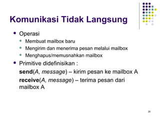 29 
Komunikasi Tidak Langsung 
 Operasi 
 Membuat mailbox baru 
 Mengirim dan menerima pesan melalui mailbox 
 Menghapus/memusnahkan mailbox 
 Primitive didefinisikan : 
send(A, message) – kirim pesan ke mailbox A 
receive(A, message) – terima pesan dari 
mailbox A 
 