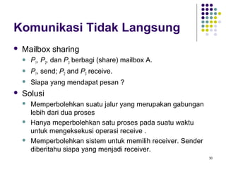 30 
Komunikasi Tidak Langsung 
 Mailbox sharing 
 P1, P2, dan P3 berbagi (share) mailbox A. 
 P1, send; P2 and P3 receive. 
 Siapa yang mendapat pesan ? 
 Solusi 
 Memperbolehkan suatu jalur yang merupakan gabungan 
lebih dari dua proses 
 Hanya meperbolehkan satu proses pada suatu waktu 
untuk mengeksekusi operasi receive . 
 Memperbolehkan sistem untuk memilih receiver. Sender 
diberitahu siapa yang menjadi receiver. 
 