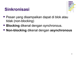 31 
Sinkronisasi 
 Pesan yang disampaikan dapat di blok atau 
tidak (non-blocking) 
 Blocking dikenal dengan synchronous. 
 Non-blocking dikenal dengan asynchronous 
 