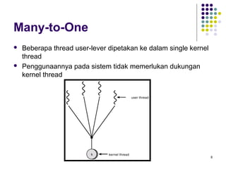 8 
Many-to-One 
 Beberapa thread user-lever dipetakan ke dalam single kernel 
thread 
 Penggunaannya pada sistem tidak memerlukan dukungan 
kernel thread 
 