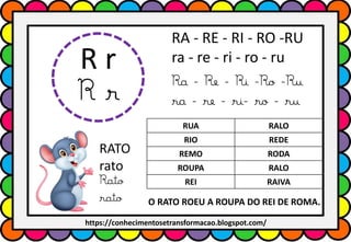 R r
R r
RA - RE - RI - RO -RU
ra - re - ri - ro - ru
Ra - Re - Ri -Ro -Ru
ra - re - ri- ro - ru
RUA RALO
RIO REDE
REMO RODA
ROUPA RALO
REI RAIVA
RATO
rato
Rato
rato O RATO ROEU A ROUPA DO REI DE ROMA.
https://conhecimentosetransformacao.blogspot.com/
 